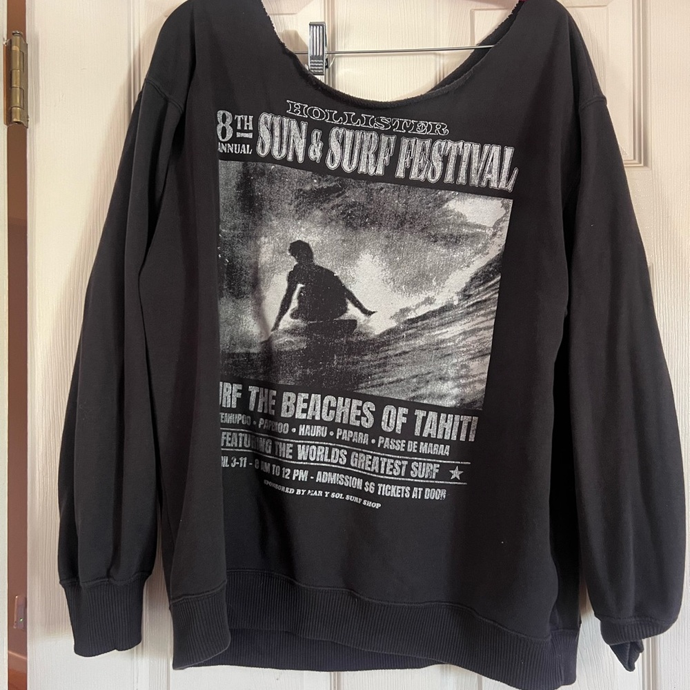 Hollister Black Crewneck Sweater with Surf Graphic